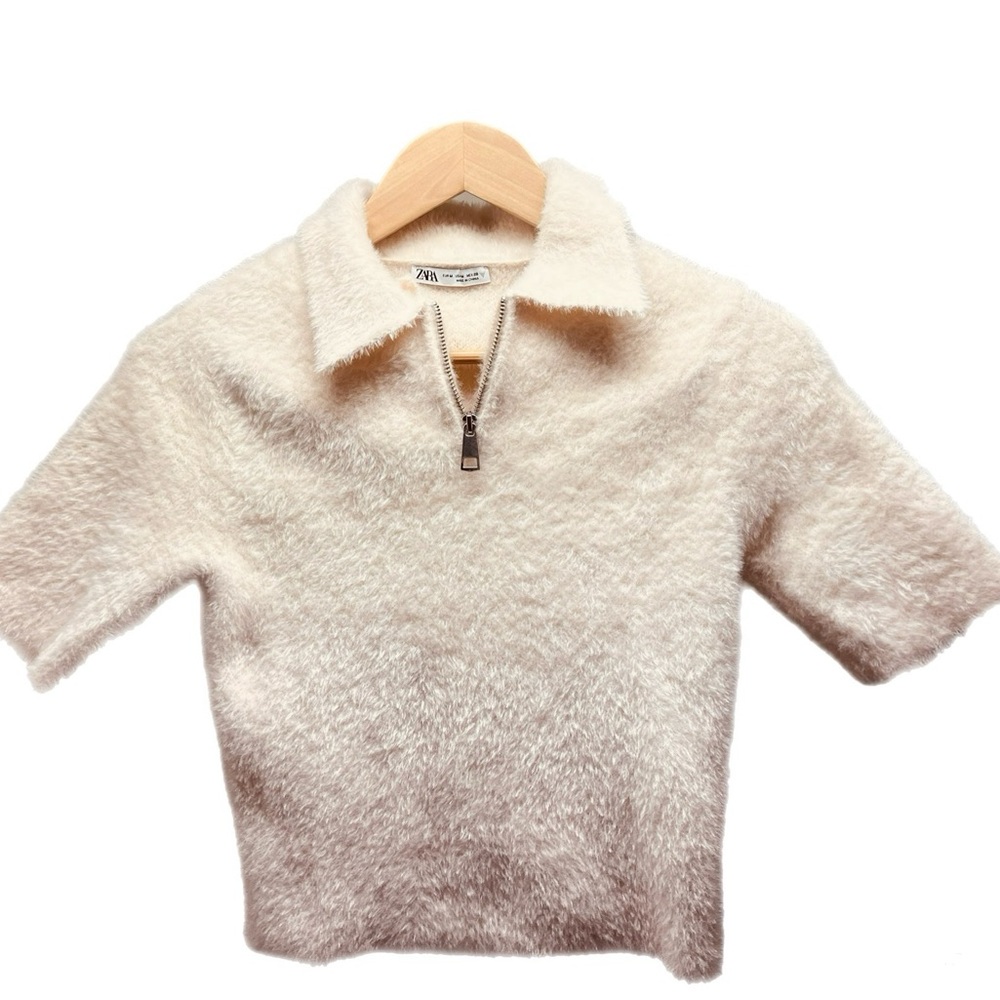 Zara Cream Faux Fur Polo Top Sweater